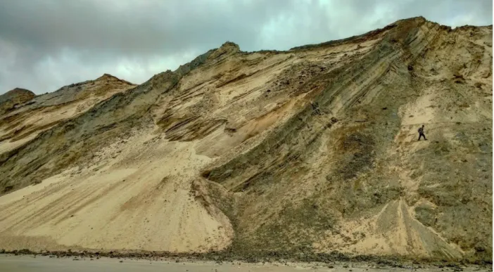 Figure 3. Thrusted mud sheets of the Lønstrup Klint Formation (grey) with intervening sand and 962  gravel of the Rubjerg Knude Formation (brown), within the Grønne Rende section at Rubjerg 963  Knude