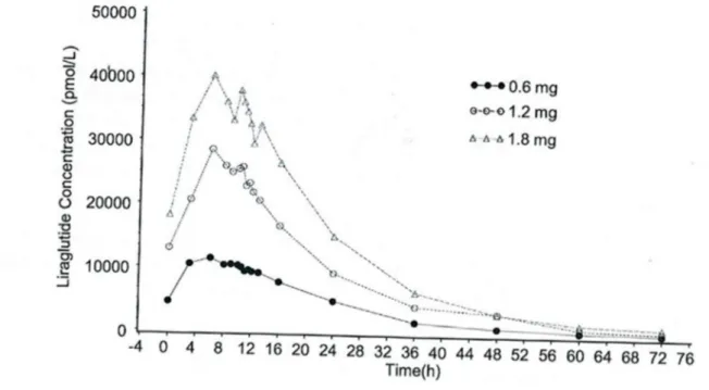 Figure 23 : Concentration plasmatique du Liraglutide en fonction des doses (0, 6 mg, 1,2 mg et  1,8mg) chez des sujets sains 
