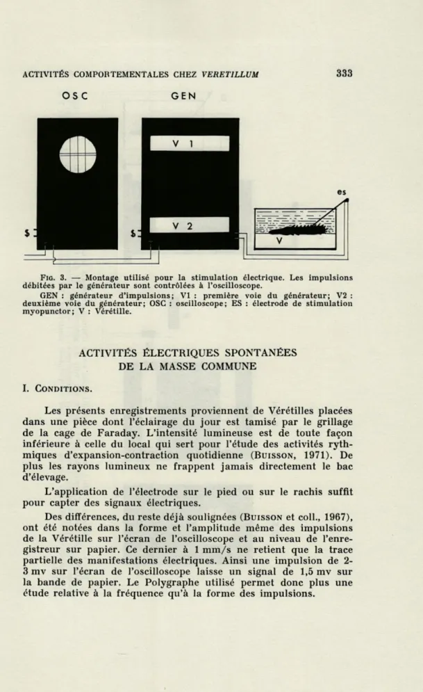 FIG.   3.  —  Montage  utilisé  pour  la  stimulation  électrique.  Les  impulsions  débitées  par  le  générateur  sont  contrôlées  à  l'oscilloscope