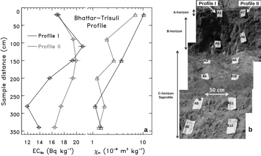 Fig. 3. (a) Vertical profiles of χ m and EC Ra along a scarp of the Bhattar-Trisuli terrace, Nepal (Girault et al., 2011)