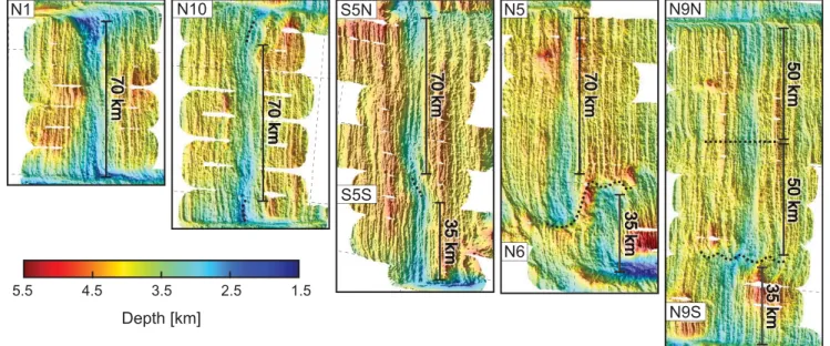 Figure 9. Seaﬂoor bathymetry maps of ﬁve studied segments. Black bars follow straight, hourglass-like portions of the ridge axis to indicate magmatic segmentation, and dashed lines show magmatic segment boundaries