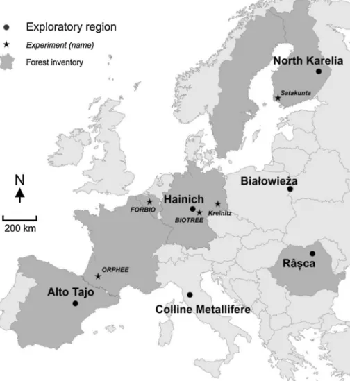 Fig. 1. Locations of the study sites that form the different research platforms in the FunDivEUROPE project: the Exploratory Platform (filled circles), the Experimental Platform (stars) and Inventory Platform (dark grey countries)