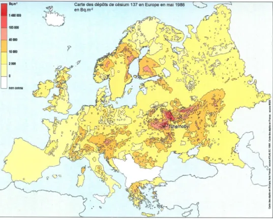 Figure  1-14 :  Carte  européenne  des  dépôts  de  137 Cs  après  l’accident  de  Tchernobyl  (CEC,  1998 ;  Renaud et al., 2005)