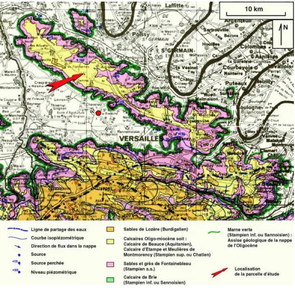 Figure  1.3  : Carte  hydrogéologique  de  la  nappe  de  l’Oligocène  dans  les  environs  de  la  parcelle  réseau  hydrographique, « carte au 1/50000 »  (Nicole, 2003)