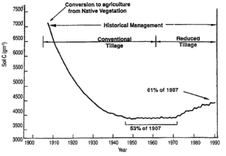 Figure 2.1 : Effet des techniques  de travail de sol sur l’évolution du carbone organique du sol (0-20 cm)  entre 1907 à 1990 dans les agro-écosystèmes des Etats unis d’Amérique (Lal et al., 1998)