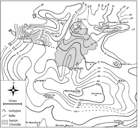 Figure 1.4 : carte des isohypses du toit du Cénomanien dans les environs                               du bassin de la Choisille (modifié d'après Rasplus, 1978) 
