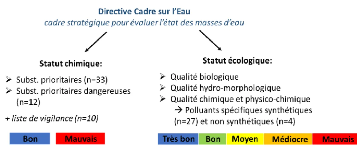 Figure 12: Principe de l'évaluation de l'état des masses d'eau de surface dans le cadre de la DCE en France