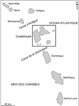 Figure 1. Localisation de la lagune de la Manche- Manche-à-Eau en Guadeloupe et en Basse-Terre