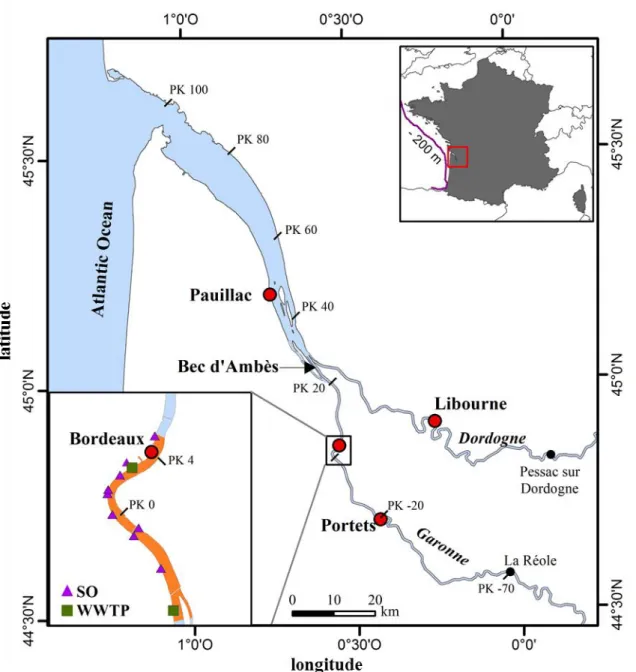 Figure  III.1:  The  Gironde  Estuary  in  Southwest  of  France.  The  distance  is  noted  by  kilometric  points  (PK),  with  PK100  the  mouth  and  PK-70  the  upstream  limit