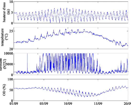 Figure I.11 : Évolution temporelle de la hauteur d’eau (m), température, turbidité (NTU) et  de l’oxygène (% de saturation) sur  Bordeaux du 01/09/2006 au 20/09/2006  (Lanoux  et  al.,  2013)