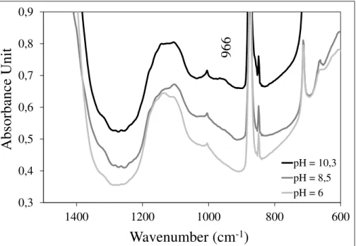 Figure 10 Evolution du spectre infrarouge de la phase solide en fonction du pH entre 600 et 1500 cm -1