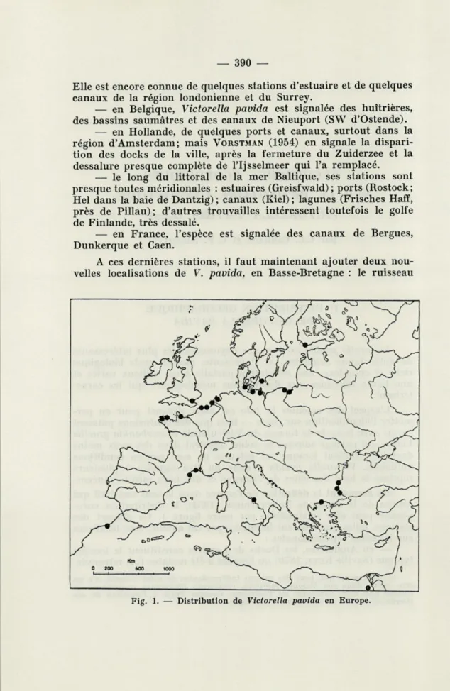 Fig.  1.  —  Distribution  de  Victorella  pavida  en  Europe. 