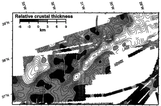 Figure 4. Crustal  thickness  variations  across  the area relative to a constant-•6-km-thick  oceanic  crust (see text for  details of calculation)