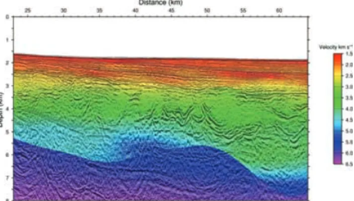 Figure 14. Tomographic inversion velocity model overlain with the depth migrated section obtained from conventional processing, after Bosch et al.