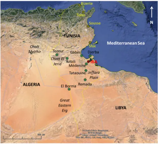 Figure 1. Location of the dust monitoring station (red dot), of the stations of the Réseau National de  Surveillance de la Qualité de l’Air (RNSQA) mentioned in this paper (yellow dots), of the stations of  the Tunisian National Institute of Meteorology me
