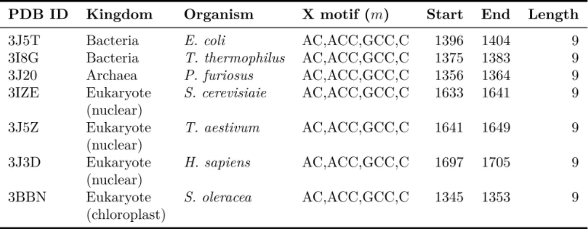 Table 4.3: Identiﬁcation of a conserved X circular code motifs m in all studied rRNAs of bacteria, archaea, nuclear eukaryotes, and chloroplasts