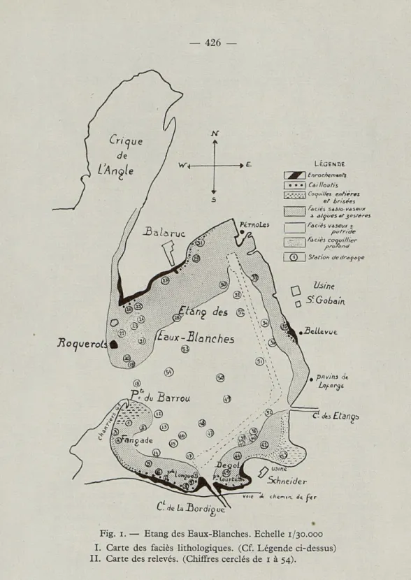 Fig.  i.  —  Etang  des  Eaux-Blanches.  Echelle  1/30.000  I.  Carte  des  faciès  lithologiques