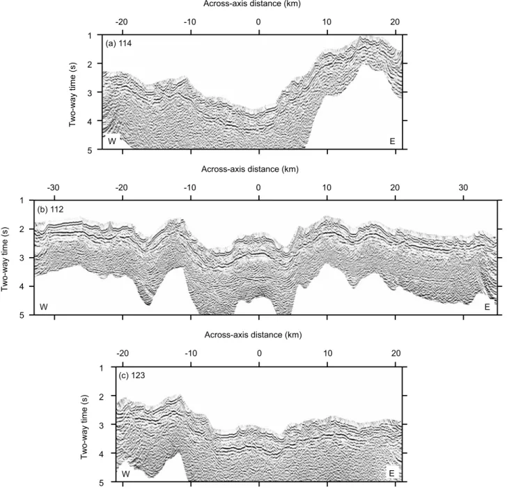Figure 9. Time‐migrated seismic section showing the across‐axis variation of the seismic layer 2A/2B boundary along profiles (a) 114, (b) 112 and (c) 123