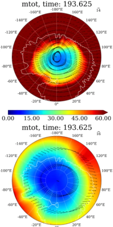 Figure 1: Total vapor column and a sample of wind  vectors at 8 km over the north polar cap, summer  solstice