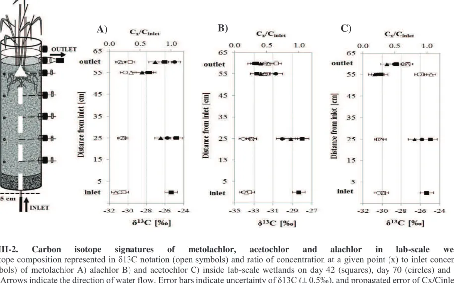 Figure  III-2.  Carbon  isotope  signatures  of  metolachlor,  acetochlor  and  alachlor  in  lab-scale  wetlands
