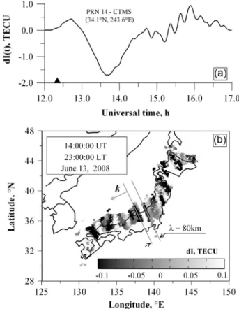 Fig. 2. Instant spatial distribution of the amplitude of 60-min TEC variations above Japan during the solar eclipse of 22 July 2009 (02:01 UT) (ﬁgure taken from Afraimovich et al