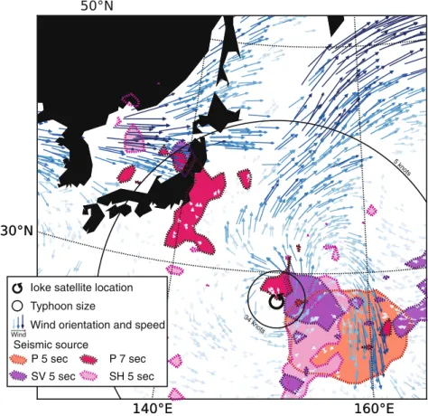 Fig. 3 Comparison of location and lateral extent of body-wave sources. Map of P-, SV-, and SH-wave source imprints on September 3 at 18:00 UTC