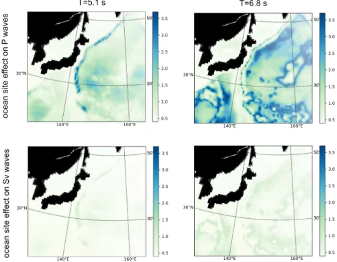 Fig. 5 Ocean site effect on P and Sv waves. Ocean site effect on P (top) and Sv (bottom) waves at 5.1-s (left) and 6.8-s (right) period.
