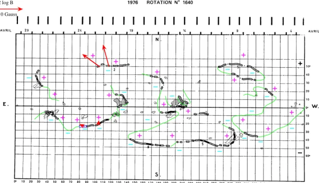 Fig. 10. Synoptic map of rotation 1640. Horizontal axis: Carrington longitude. Vertical axis: Solar latitude