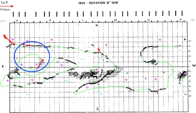 Fig. 4. Synoptic map of rotation 1616. Horizontal axis: Carrington longitude. Vertical axis: Solar latitude