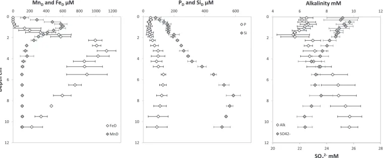 Fig. 7. Additional pore water data from the sediment cores sampled in Bourgneuf Bay. Total dissolved manganese and iron (left panel), total phosphorus and silica (central panel), and alkalinity and sulfate (right panel) proﬁles (n ¼ 3).