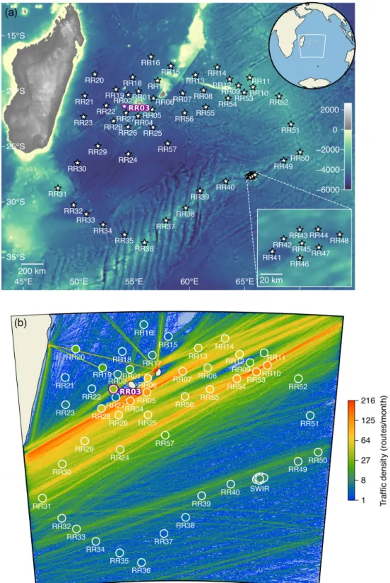 Figure 2. RHUM-RUM experiment overview. (a) Bathymetric map of the RHUM-RUM experiment area