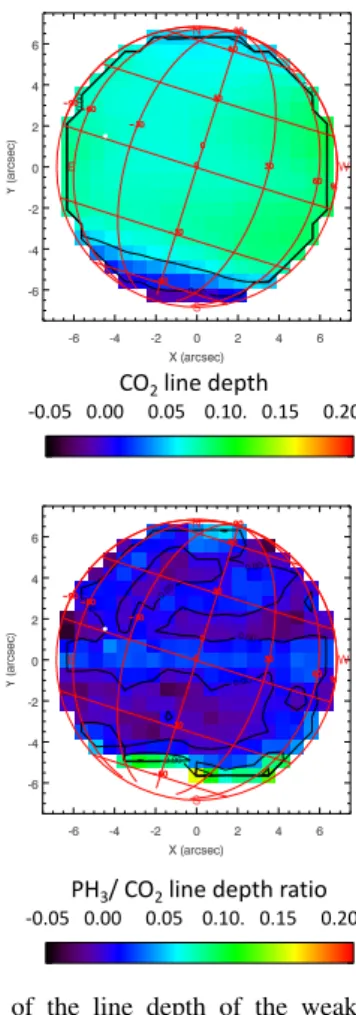 Fig. 3. Top: map of the line depth of the weak CO 2 transition at 955.3069 cm −1 , corresponding to the observations from March 28, 2015, shown in Figs