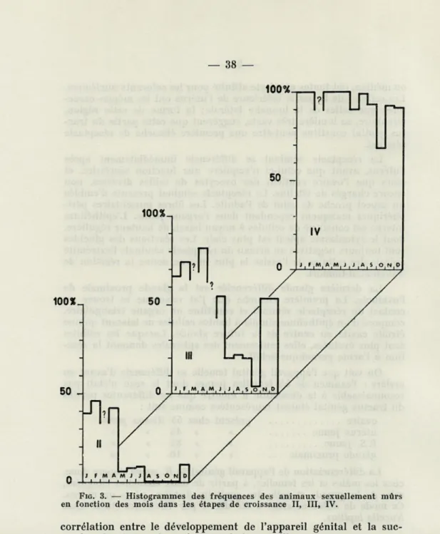 FIG.  3.   —  Histogrammes  des  fréquences  des  animaux  sexuellement  mûrs  en  fonction  des  mois  dans  les  étapes  de  croissance  II,  III,  IV