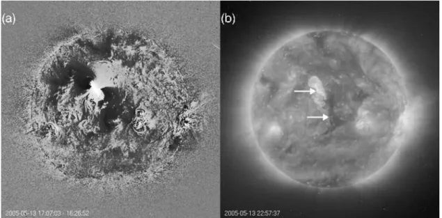 Figure 8. (a) SOHO-EIT difference image in the Fe XII band pass (195 A ˚ ) showing a large coronal dimming (dark areas) corresponding to the CME associated with the M8.0 flare on 13 May 2005