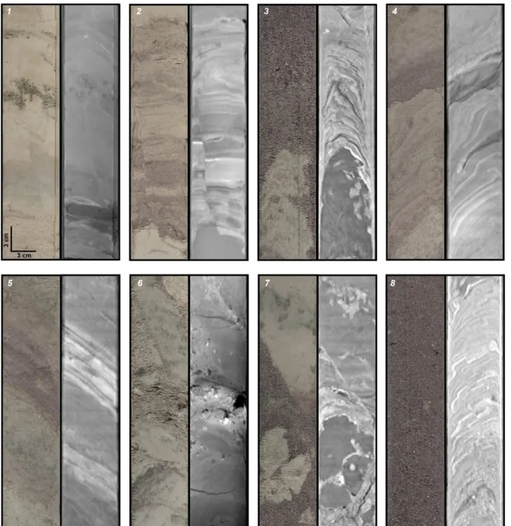 Figure 10. Photographs and corresponding CT-scans of deformation features observed within U1399-A (Figures 1, 2, and 6) and U1400-B (ﬁgures 3, 4, 5, 7, and 8) core sections