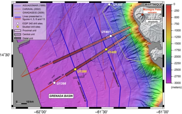 Figure 3. Bathymetric map (from AGUADOMAR cruise, 1999 and CARAVAL cruise, 2002) offshore Martinique and terrestrial digital elevation model (from IGN)