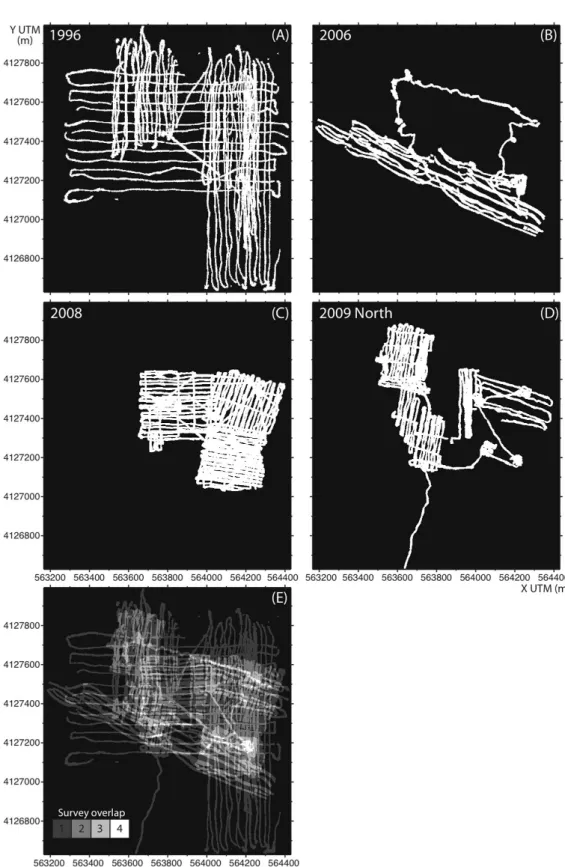 Figure 2. Maps showing the image mosaic coverage (white) for the electronic still image surveys at the Lucky Strike vent field for the (a) 1996, (b) 2006, (c) 2008, and (d) 2009 surveys