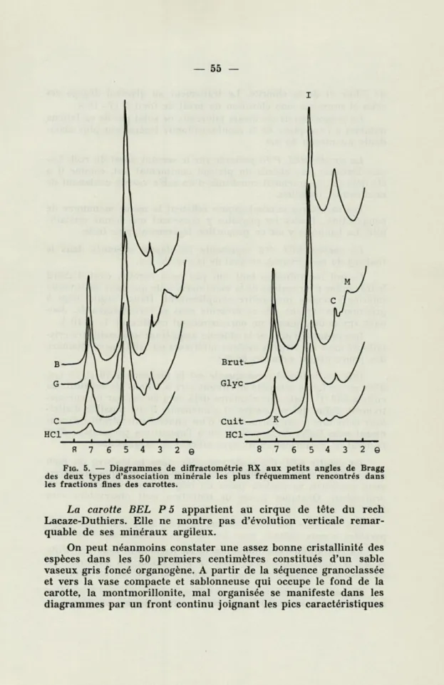 FIG.   5.  —  Diagrammes  de  diffractométrie   RX   aux  petits  angles  de  Bragg  des  deux  types  d'association  minérale  les  plus  fréquemment  rencontrés  dans  les  fractions  fines  des  carottes