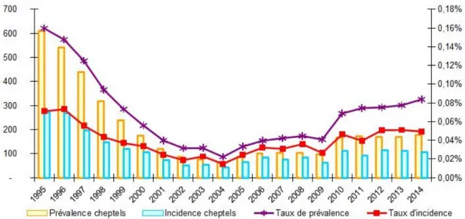 Figure 9: Evolution de la prévalence et de l’incidence de la tuberculose bovine en France entre 1995 et 2014 (Cavalerie et  al