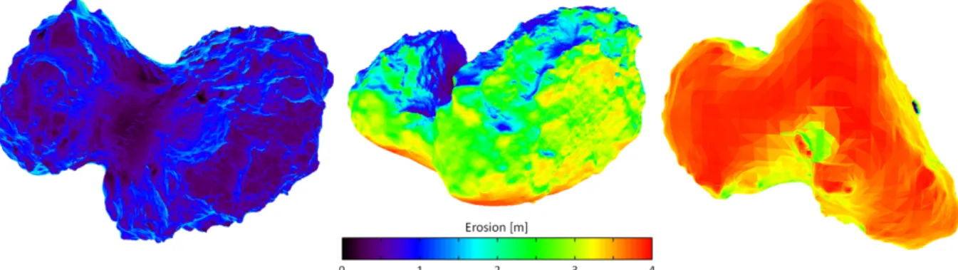 Fig. 11. Three di ff erent views of the shape showing total (integrated over one orbit) water erosion (model B)