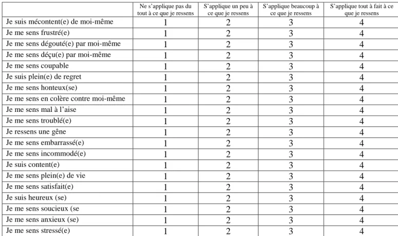 Tableau 8: Echelle d’affects auto-rapportés en langue française de Lecrique (2007)  Cette échelle organise de la façon suivante les items : 