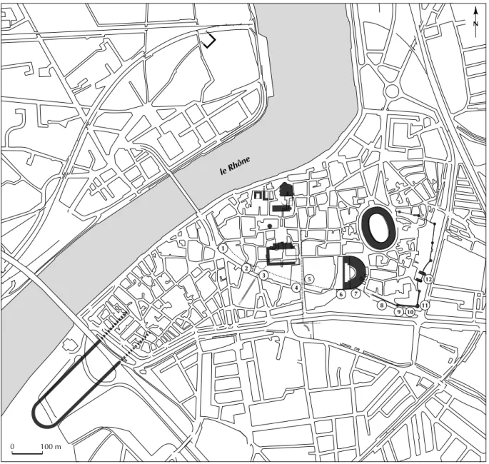 Fig. 33 – Arles (Bouches-du-Rhône). Plan de l’enceinte tardive : 1, rue Jouvène ; 2, rue Tour du Fabre ; 3, musée Arlaten ; 4, arc de l’archevêché ;   5, archevêché ; 6, fragment à l’ouest du théâtre antique ; 7, théâtre antique ; 8, montée Vauban ; 9, tou