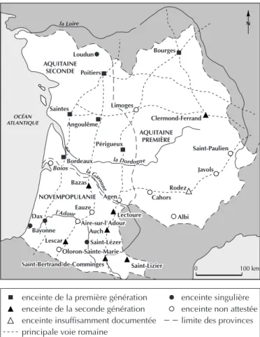 Fig. 35 – Carte des différents types d’enceintes urbaines   du sud-ouest de la Gaule (d’après Maurin, 1992, p