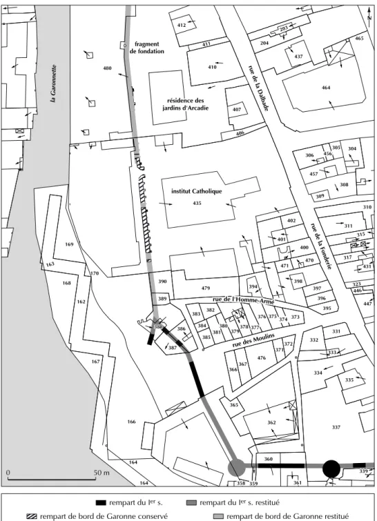 Fig. 29 – Toulouse (Haute-Garonne). Plan de l’enceinte tardive (d’après Baccrabère, Badie, 2001, p