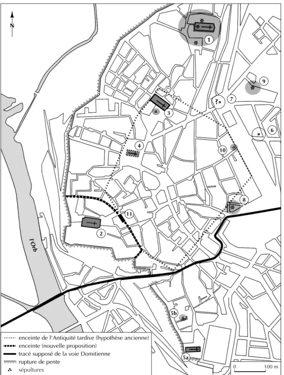 Fig. 32 – Béziers (Hérault). Plan de la ville tardive : 1, Saint-Aphrodise ; 2, Saint-Nazaire ; 3, La Madeleine ;  4, Saint-Félix ; 5a, Saint-Jacques ; 5b, rue Saint-Jacques ; 6, Saint-Saturnin ; 7, Saint-André ; 8, square des  Balances ; 9, rue Georges-Ma