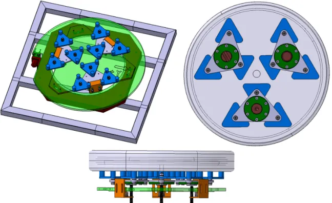 Figure 3. Top left: top view of the primary mirror cell without mirror, the holding external frame is also shown