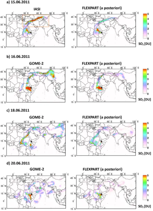 Fig. 10. SO 2 columns measured by IASI (morning overpass) and GOME-2 and simulated by FLEXPART using the a posteriori emissions from the inversion for 15 June 2011 (a), 16 June 2011 (b), 18 June 2011 (c) and 20 June 2011 (d)
