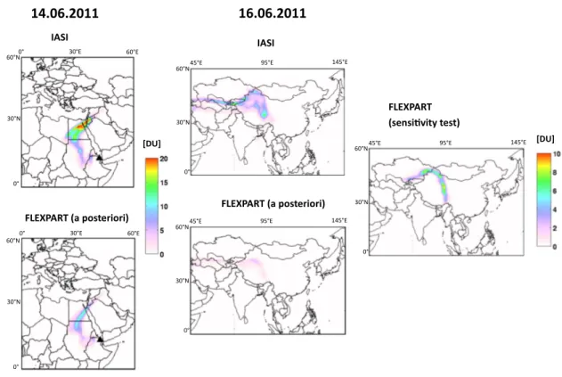 Fig. 12. Comparison of SO 2 columns measured by IASI (morning overpass) and simulated by FLEXPART using the a posteriori emissions from the inversion for 14 (left) and 16 June 2011 (right)