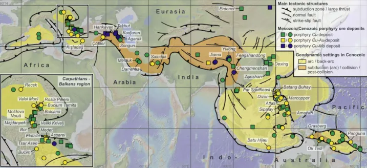 Fig. 8. Simpliﬁed tectonic map of the Tethyan orogenic belt showing the main porphyry deposits formed in Mesozoic and Cenozoic times (see square and circle symbols, respectively).