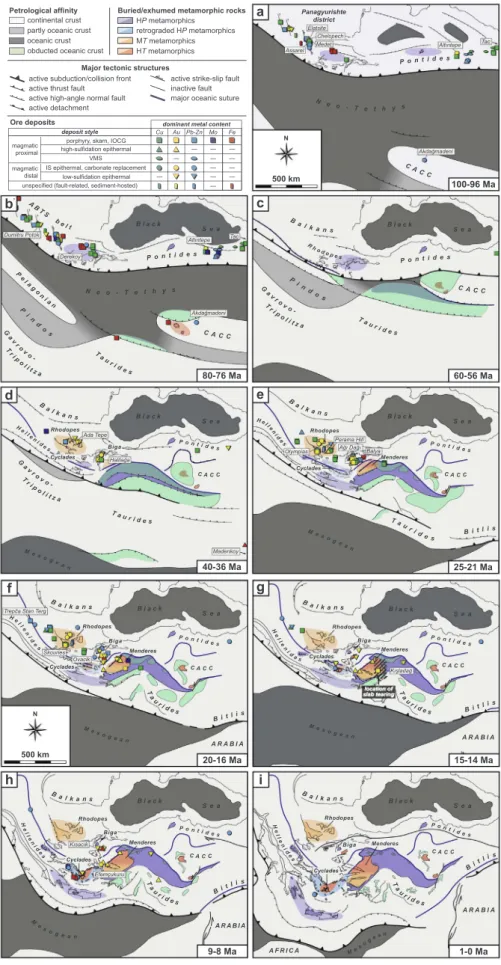 Fig. 3. (a–i) Paleotectonic maps extracted from the kine- kine-matic reconstruction model evidencing the spatial and temporal evolution of metal deposits in the eastern Mediterranean region since the late Cretaceous